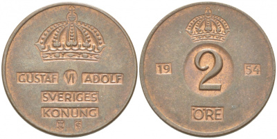 Швеция 2 эре 1954 TS, Густав VI Адольф (1950-1973) КМ 821 бронза 77-457