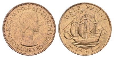 Великобритания 1/2 пенни 1953 Елизавета II (1952-2022) KM 882, Spink 4155 бронза 4660-633