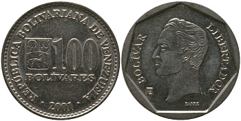 Венесуэла 100 боливаров 2001 KM 83, Schon 95 сталь плакированная никелем 4529-426