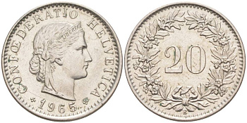 ШВЕЙЦАРИЯ 20 РАППЕНОВ 1965 В KM 29a медно-никель 55-842