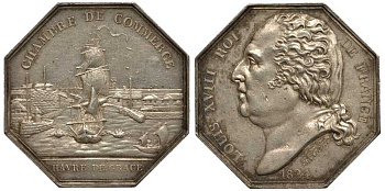 Франция жетон 1824 торговая палата города Гавра, парусник, диаметр 31,8 мм, вес 13,6 гр серебро 00-820-19