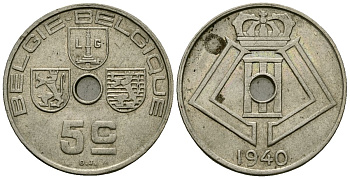 Бельгия 5 сантимов 1940 Belgie - Belgique KM 111 никель латунь 4173-636