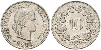 ШВЕЙЦАРИЯ 10 РАППЕНОВ 1962 В KM 27 медно-никель 55-333