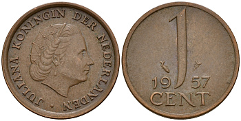 Нидерланды 1 цент 1957 Юлиана (1949-1980) KM 180 бронза    4598-168