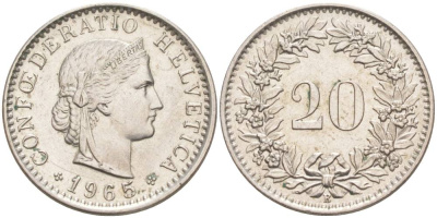 ШВЕЙЦАРИЯ 20 РАППЕНОВ 1965 В KM 29a медно-никель 55-842
