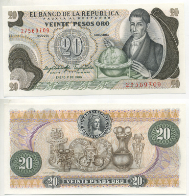 Колумбия 20 песо 1983 Франсиско Хосе де Кальдас, музей золота Pick 409d бумага UNC (пресс) 7204-62-2