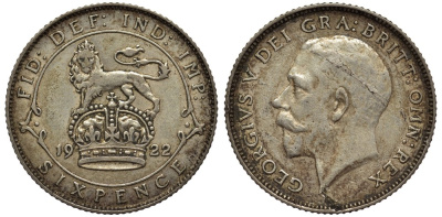 Великобритания 6 пенсов 1922 Георг V (1910-1936) KM 815а.1, Spink 4024 серебро 4539-127
