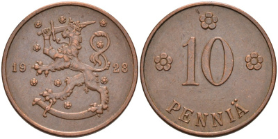 Финляндия 10 пенни 1928 республика (1918-1962) KM 24 медь 4591-314