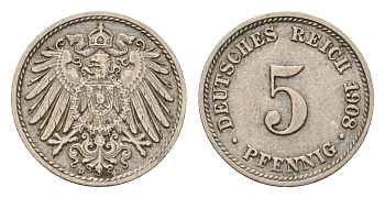 Германия 5 пфеннигов 1908 D, Вильгельм II (1888-1918) KM 11, J. 12 медно-никель 4636-153