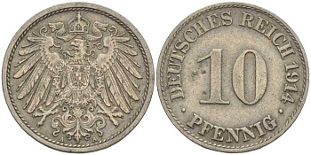 ГЕРМАНИЯ 10 ПФЕННИГОВ 1914 A KM 12, J. 13 медно-никель 33-1011