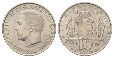 Греция 10 драхм 1968 год-тип, Константин II (1964-1973) KM 96 медно-никель UNC 4667-834