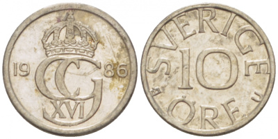 Швеция 10 эре 1986 U Карл XVI Густав (1973- ) KM 850 медно-никель 3955-355