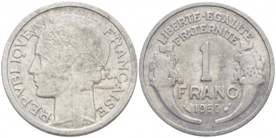ФРАНЦИЯ 1 ФРАНК 1950 KM 885a 1 алюминий 4402-1111