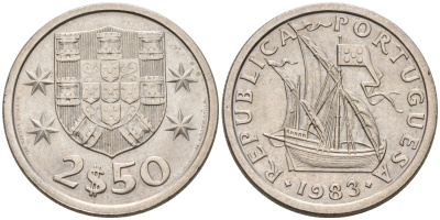 Португалия 2,5 эскудо 1983 парусник KM 590 медно-никель UNC 4588-315