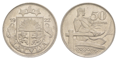 Латвия 50 сантимов 1922 год-тип KM 6 никель aUNC 4657-736