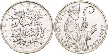 ЧЕХИЯ 200 КРОН 1997 1000 ЛЕТ СО ДНЯ СМЕРТИ СВЯТОГО ВОЙТЕХА, АДАЛЬБЕРТА ПРАЖСКОГО (997-1997) KM 27 серебро UNC 00-000-00