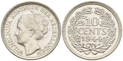 Нидерланды 10 центов 1944 P, Вильгельмина I (1890-1948) KM 163 серебро  4160-1246