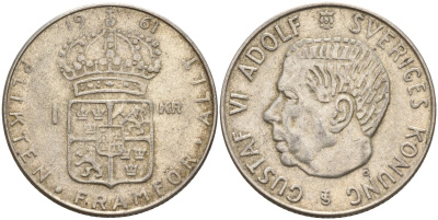 Швеция 1 крона 1961 TS, Густав VI Адольф (1950-1973) KM 826 серебро 4150-116