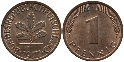 ФРГ 1 пфенниг 1977 F KM 105, J.380 сталь плакированная медью 99-338