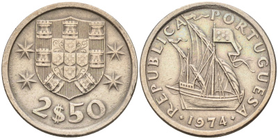 Португалия 2,5 эскудо 1974 парусник KM 590 медно-никель    4596-328