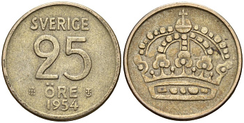 Швеция 25 эре 1954 TS, Густав VI Адольф (1950-1973) KM 824 серебро 4147-1038