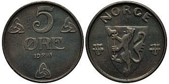 НОРВЕГИЯ 5 ЭРЕ 1941 ХОКОН VII (1905-1957) KM 388 железо 1520-1225