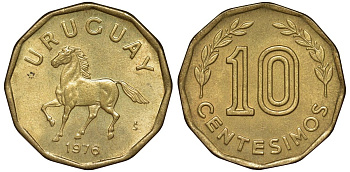 Уругвай 10 сентесимо 1976 KM 66 алюминиевая бронза 4164-741