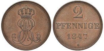 Ганновер 2 пфеннига 1847 B, Эрнст Август (1837-1851) KM 202.1, AKS 124, J. 75 медь 75-1852