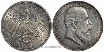 Баден 5 марок 1903 G, Фридрих I (1856-1907) Weege 31, J. 33, KM 274 серебро aUNC 00-815-45