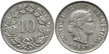 ШВЕЙЦАРИЯ 10 РАППЕНОВ 1957 KM 27 медно-никель 4392-1258
