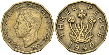 Великобритания 3 пенса 1940 Георг VI (1936-1952) KM 849, Spink 4112 никель латунь 4126-715