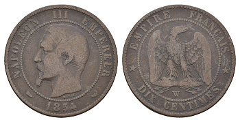 Франция 10 сантимов 1854 W, Наполеон III (1852-1870) KM 771.7 бронза 35-534