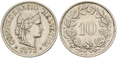 Швейцария 10 раппенов 1973 KM 27 медно-никель 4364-1337