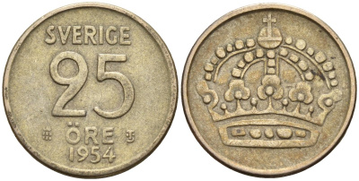 Швеция 25 эре 1954 TS, Густав VI Адольф (1950-1973) KM 824 серебро 4147-1038
