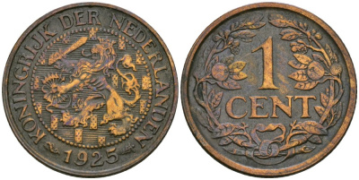 Нидерланды 1 цент 1925 Вильгельмина (1890-1948) KM 152 бронза 4576-1057