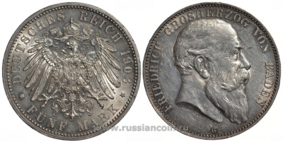 Баден 5 марок 1903 G, Фридрих I (1856-1907) Weege 31, J. 33, KM 274 серебро aUNC 00-815-45
