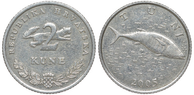 Хорватия 2 куны 2005 тунец, легенда на хорватском KM 10 медно-никель 4513-846