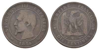 Франция 10 сантимов 1854 W, Наполеон III (1852-1870) KM 771.7 бронза 35-534