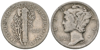 США 10 центов (дайм) 1936 KM 140 серебро 3334-1216