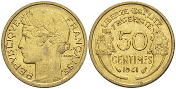 ФРАНЦИЯ 50 САНТИМОВ 1941 ТИП MORLON KM 894.1, LE FRANC 192.18 алюминиевая бронза 44-627