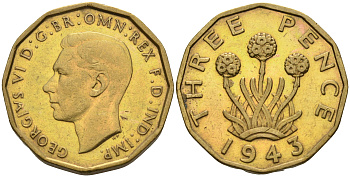 Великобритания 3 пенса 1943 Георг VI (1936-1952) KM 849, Spink 4112 никель латунь 4592-355