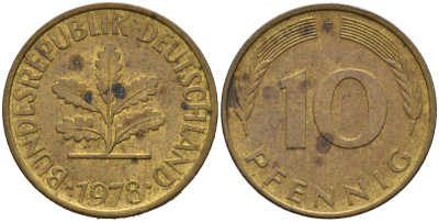 ФРГ 10 пфеннигов 1978 F KM 108, J.383 сталь плакированная латунью 4681-1143