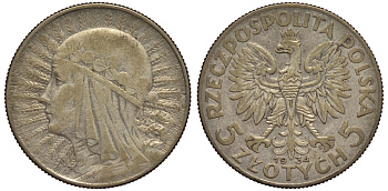ПОЛЬША 5 ЗЛОТЫХ 1934 w, ЯДВИГА KM 21 серебро 92-315