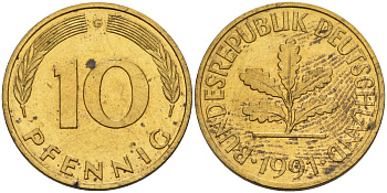ФРГ 10 пфеннигов 1991 G KM 108, J. 383 сталь плакированная латунью 4175-1055