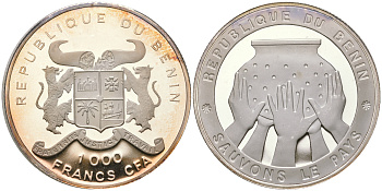 Бенин 1000 франков 1992 спасите страну, пять рук держат сосуд KM 1 серебро  PROOF  11-143-21