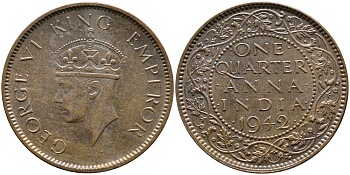 Британская Индия 1/4 анна 1942 Георг VI (1937-1952) KM 531 бронза aUNC 89-426