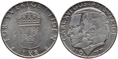Швеция 1 крона 1977 Карл XVI Густав (1973- ) KM 852 медь плакированная медно-никелем 4397-522