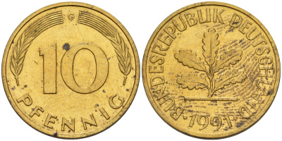 ФРГ 10 пфеннигов 1991 G KM 108, J. 383 сталь плакированная латунью 4175-1055