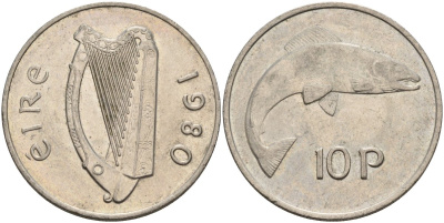 Ирландия 10 пенсов 1980 лосось KM 23 медно-никель 4144-1025