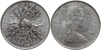 Великобритания 25 пенсов 1980 80 лет королеве Елизавете-королеве матери, Елизавета II (1952-2022) KM 921, Spink 2228 медно-никель 118-1132